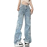 Womens Trendy High Waist Wide Leg Y2K Jeans Aesthetic Star Pants Teen Girls Boyfriend Loose Fit Star Embroidery Jeans