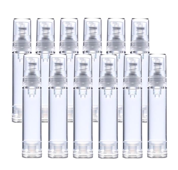12Pcs 15ml 0.5oz Refillable Clear Plastic Airless Vacuum Pump Bottle Lotion Dispenser Travel Size Leak Proof Cosmetic Toiletries Container Bottle Jar Vial for Liquid Foundation Cream Shampoo etc