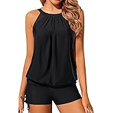Yonique Tankini Swimsuits with Shorts - Tummy Control Two Piece Blouson Bathing Suits High Neck Swimwear