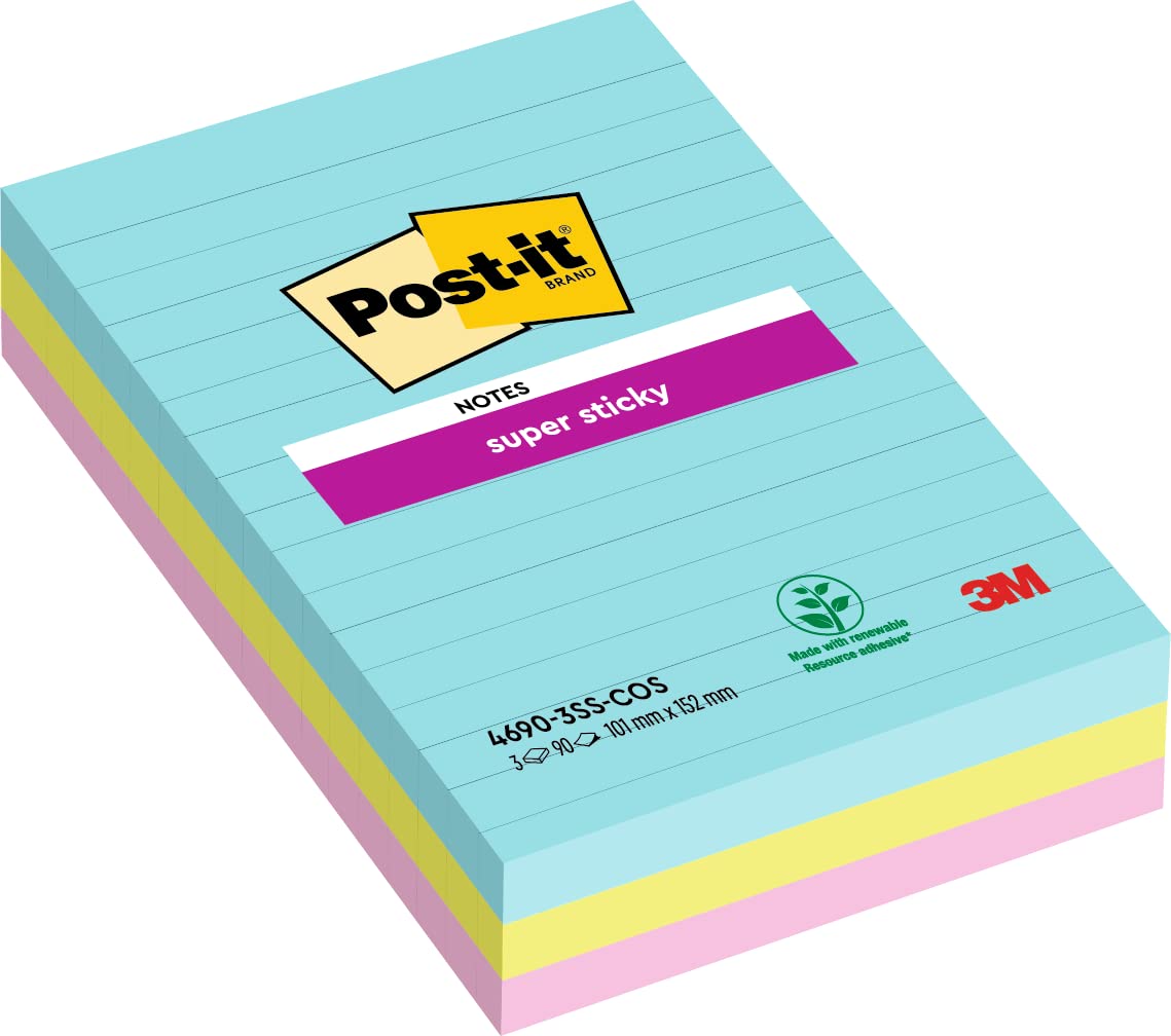 Post-it Super Sticky Large Notes, Double The Sticking Power, Lined, 3 Pads, 270 Sheets, 101 mm x 152 mm, Blue, Green, Pink Colors - Self-Sticking Notes for Walls, Monitors and Fridge