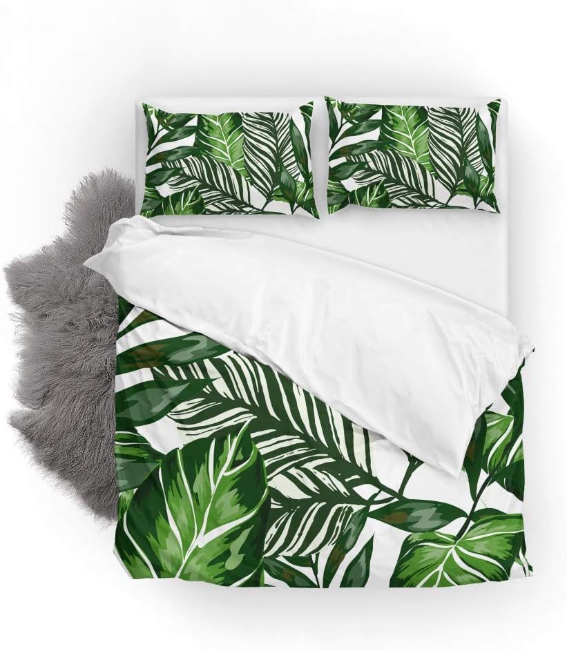 Orediy Soft Quilt Bedding Sets Green Palm Tree Leaves Home Printed Duvet Cover with Pillowcases 2 Pieces Set 135 x 200 CM,Single Size