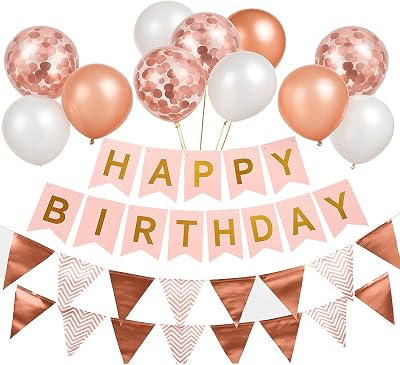 Buygain Rose Gold Happy Birthday Banner with Balloons & Ribbons