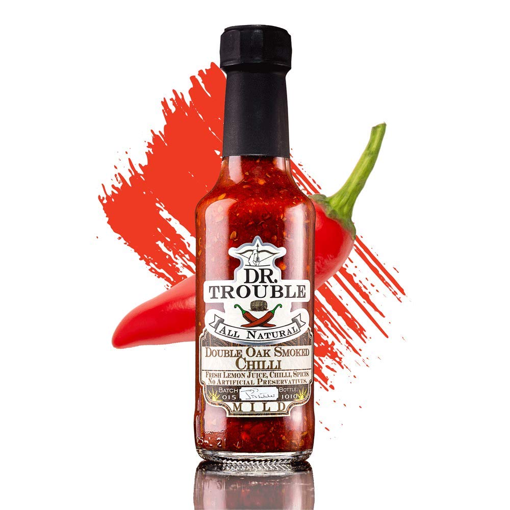 Amazon Com Dr Trouble Hot Double Oak Smoked Sauce Hand Crafted Tasty The 18 Year Single Malt Of Chilli Sauce Sugar Free Gluten Free No Vinegar Nut Free 125ml Glass Bottles