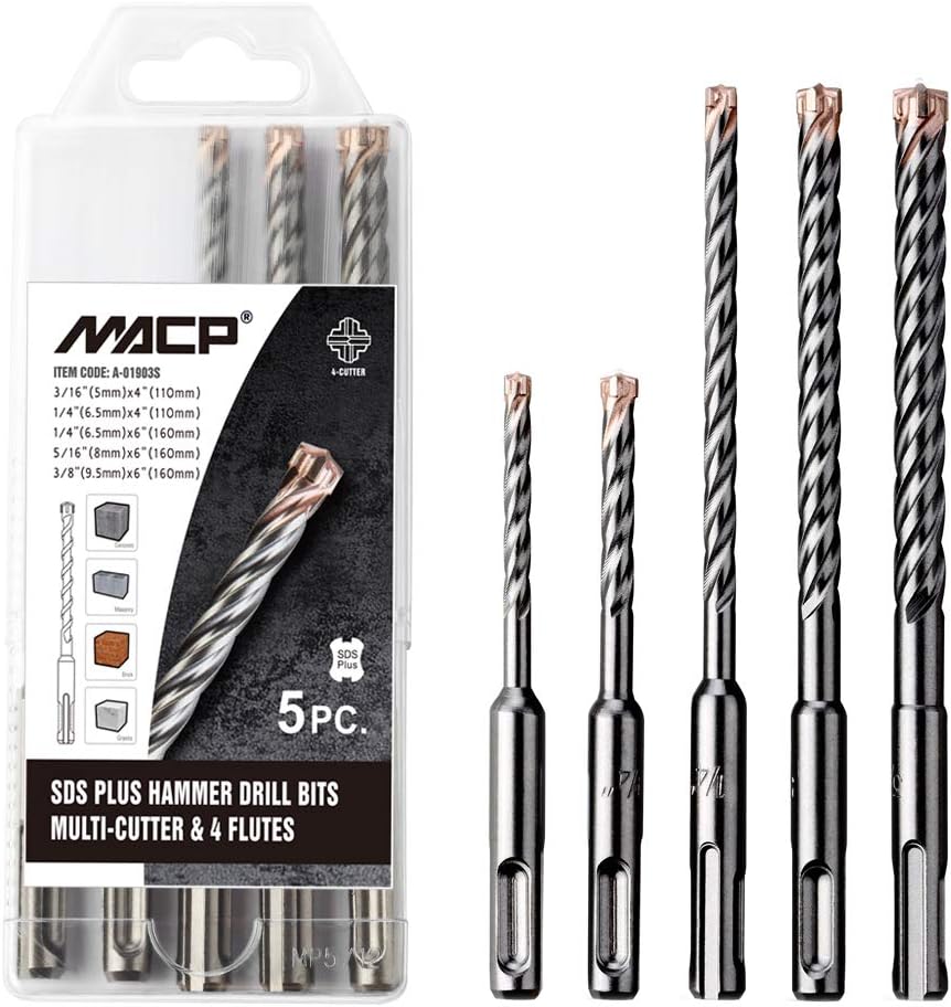 SDS-Plus Hammer Drill Bit Set, 4-Cutters Carbide Tips SDS+ Rotary Drill Bits for Concrete with Rebars, Marble, Brick, Block, 5pieces