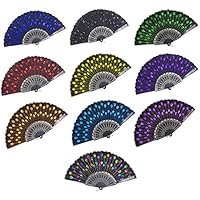 LCZX 10 Pieces Sequins Fan Vintage Folding Hand Fans Embroidered Handheld Fan Spanish Fabric Fans, 10 Colors