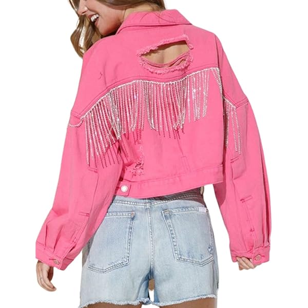 Joiemont Womens Denim Jacket with Fringe Rhinestones Long