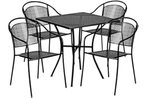 Flash Furniture Oia Commercial Grade 28" Square Black Indoor-Outdoor Steel Patio Table Set with 4 Round Back Chairs