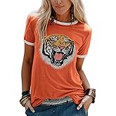 Women's Tiger Graphic Tee Shirt Crew Neck Short Sleeve Funny Cute Animal Graphic Summer Tops Holiday Tee Shirt