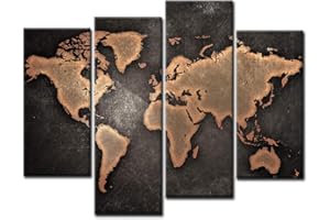 4 Panel General World Map Black Background Wall Art Painting Pictures Print On Canvas Art The Picture for Home Office Modern 