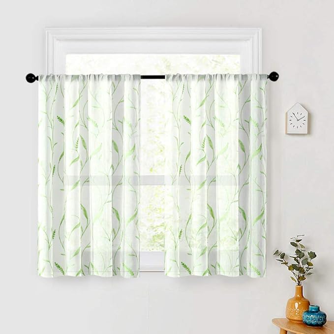 Sheer Tier Curtains 24 inch Length Cafe Curtains Embroidered Kitchen