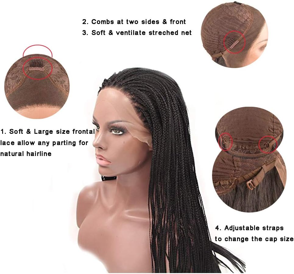 Handmade Black Braided Wigs for Black Women Long Synthetic Lace Front Wigs Realistic Straight Long Black Micro Box Braid Hair Wig Glueless Heat Resistant Fiber Hair Density 26inch - Image 3