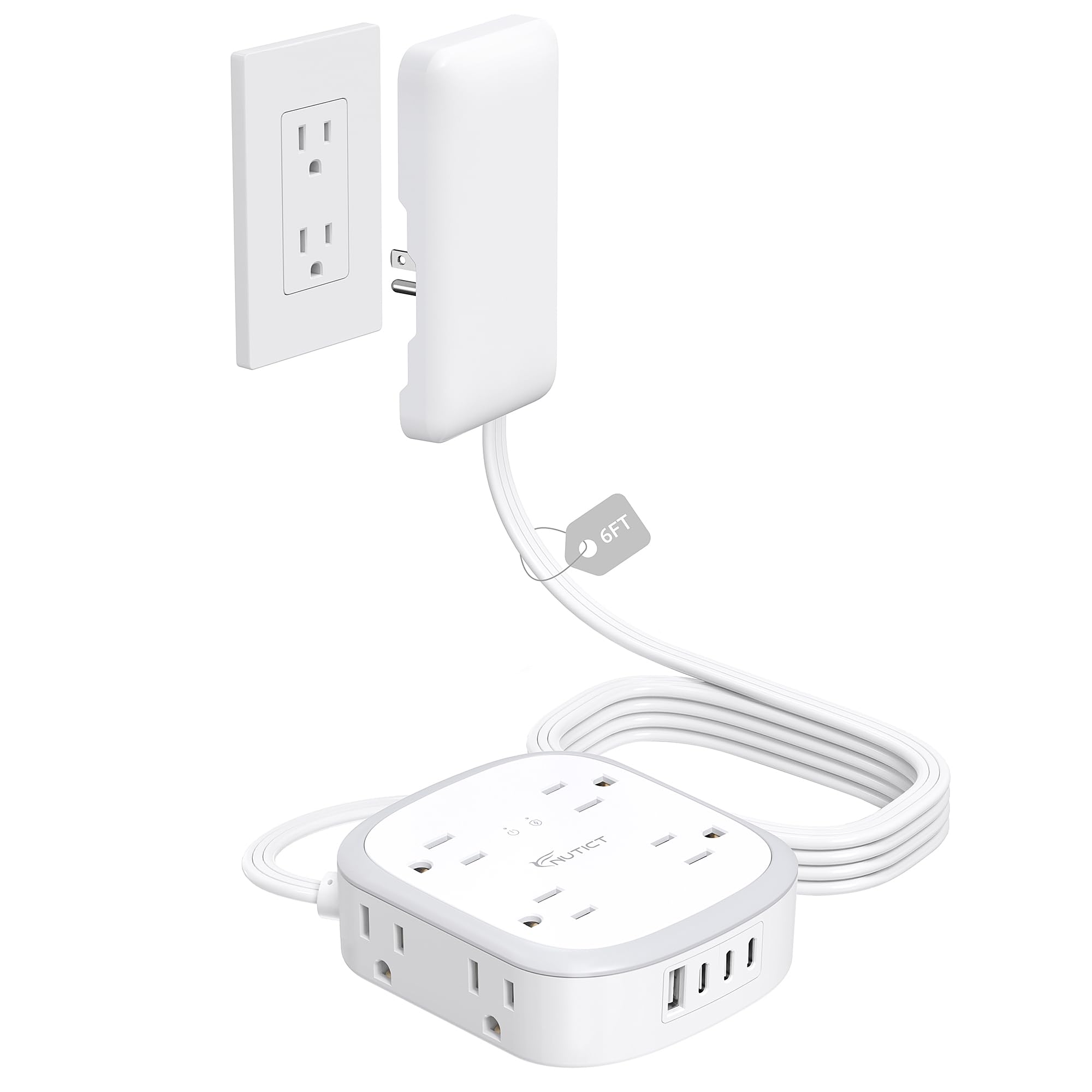 Photo 1 of Outlet Cover Extension Cord Flat 6ft, NUTICT Flat Plug Power Strip with 8 Outlets & 3 USB-C & 1 USB-A Port, 13A/1625W, 1440J Surge Protector, Indoor 3 Prong Flat Wall Plug for Tight Spaces, White