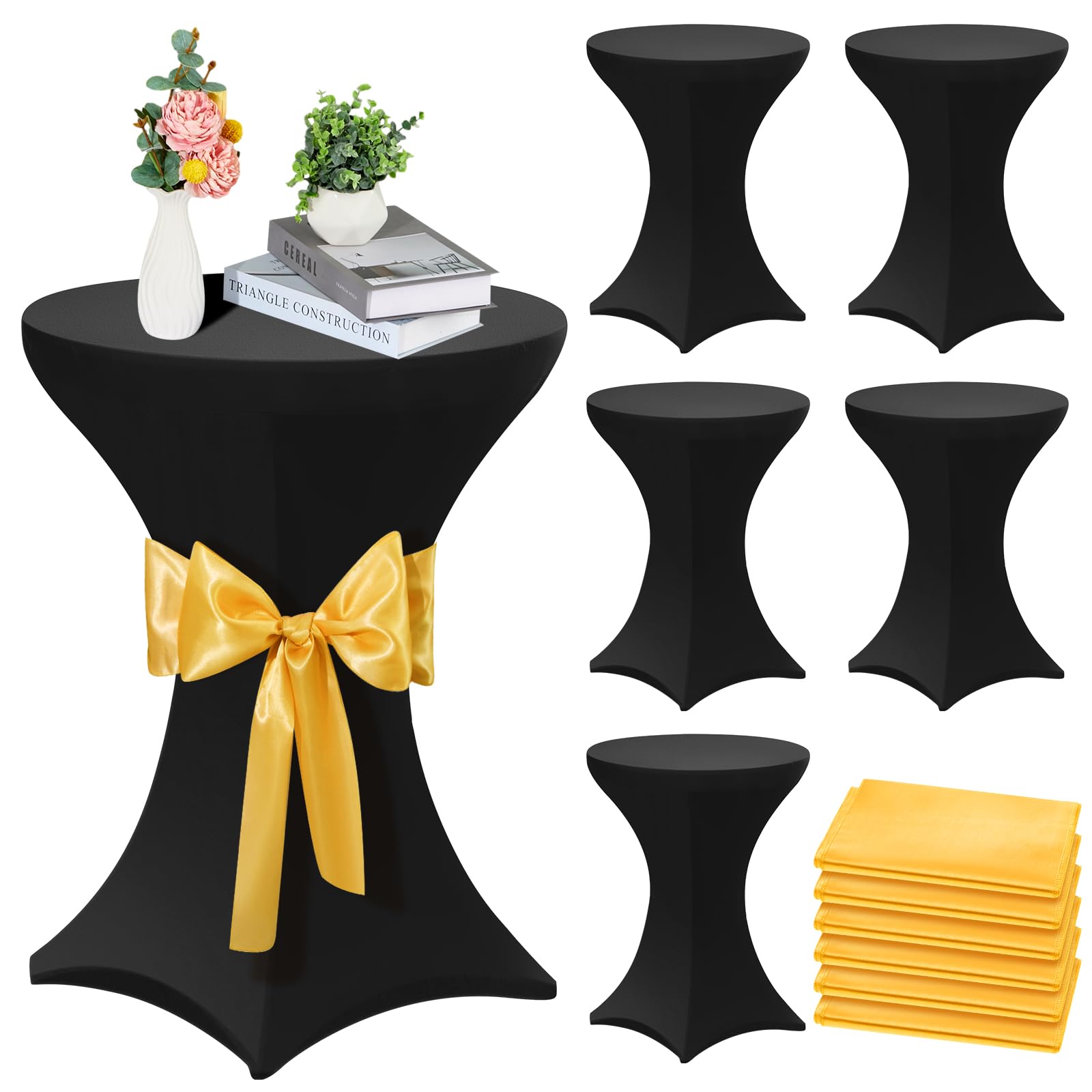 Photo 1 of VitalCozy 6 Sets 32 x 43 Inch Highboy Spandex Cocktail Table Covers, Cocktail Table Tablecloth, Fitted Stretch Tablecloth for Round (Black,Gold)