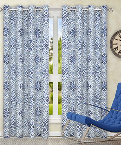 Ellis Curtain Miramar Medallion Tile Print 100-Percent Cotton Twill (Grommet Top Panels, 84 x 84