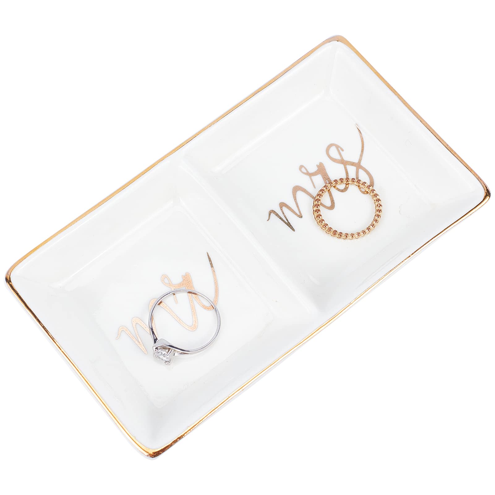 NICENEEDED Mr & Mrs Ring Dish, Two Section Trinket Tray for Wedding Engagement Rings Couples Gifts, Ceramic Jewelry Holder for Earrings Bracelets Vanity Tray Bedroom Decor
