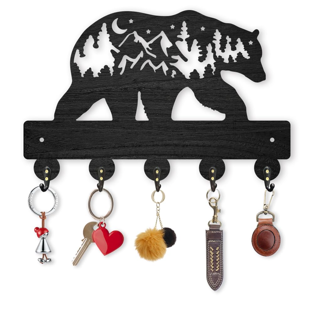 INFUNLY Key Holder for Wall Wooden Key Hanger with Bears and Forests Pattern Decorative Wall Shelf with 5 Hooks Wall Mounted Key Holder for Bag, Sunglasses, Key Easy Installation Key Rack for Entryway