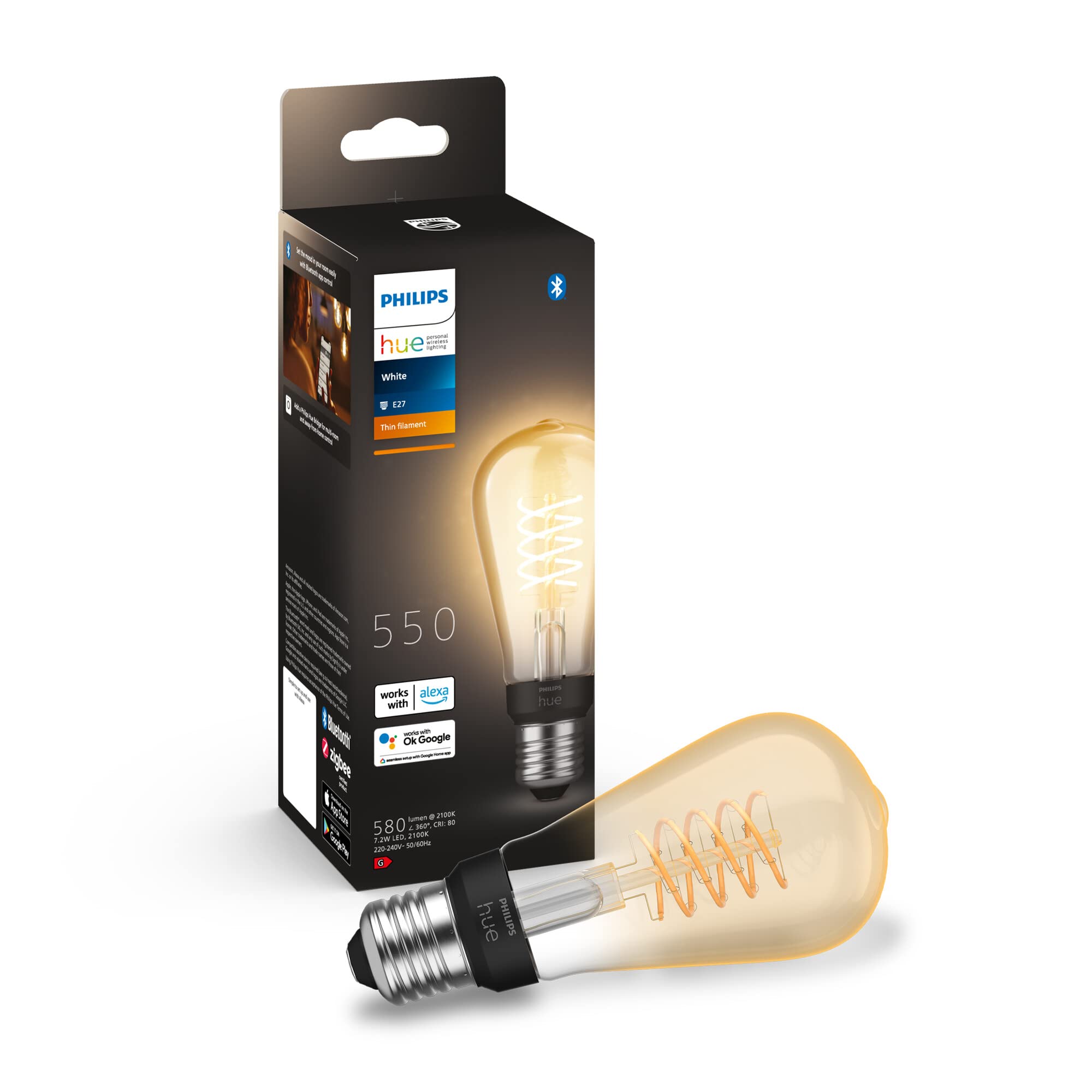 Philips Hue White Filament Regular ST64 LED Smart Light Bulb 1 Pack [E27 Edison Screw], with Bluetooth, Works with Alexa, Google Assistant and Apple Homekit.