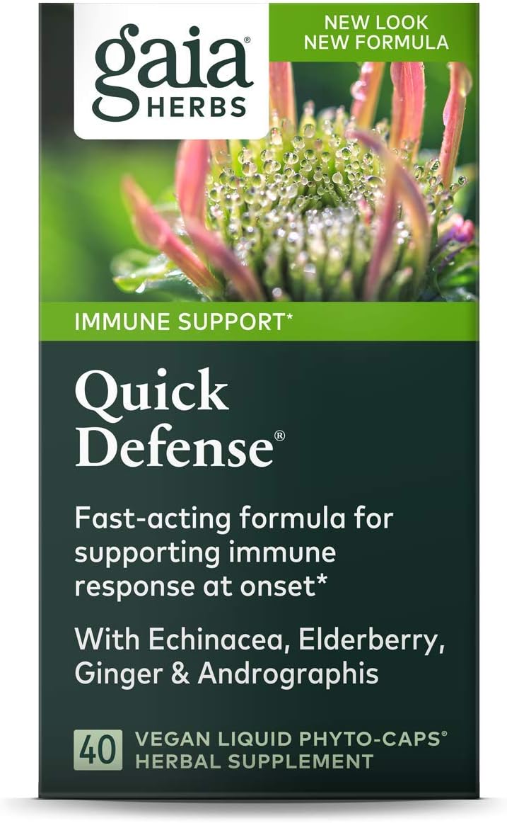 Gaia Herbs, Quick Defense, Fast-Acting Immune Support, Echinacea, Ginger Root, Sambucus Black Elderberry, Vegan Liquid Phyto Capsules, 40 Count: Health & Personal Care