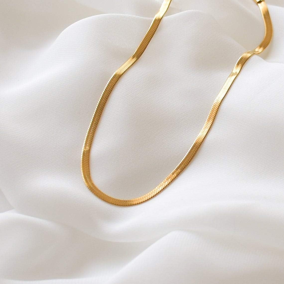 CHESKY 14K Gold/Silver Plated Flat Snake Chain Adjustable Punk Herringbone Choker Necklace Snake Bone Chain Calvice Chain Omega Chain Choker Necklace Dainty Jewelry for Women 3/5MM(W) 13"/16"(L): Clothing