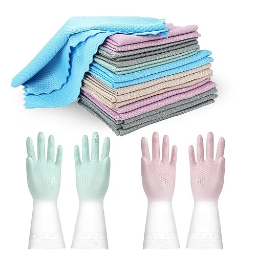 Fish Scale Microfibre Cloths, 22PACK Cleaning Set with 2 Size Lint Free Cleaning Cloths Polishing Wipes Latex Dish Gloves, Resuable Absorbent Nanoscale Towels for Clean Kitchen Window Glasses Mirrors