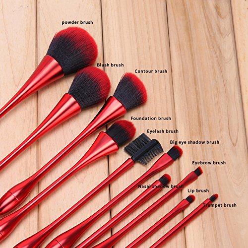 Red Goblet Makeup Brushes Set, 10pcs Professional Face Brush with Holder for Foundation Eye Makeup Concealer Mascara Contour Lip Cosmetic Powder Vanity Synthetic Brush Tools Kit for Women