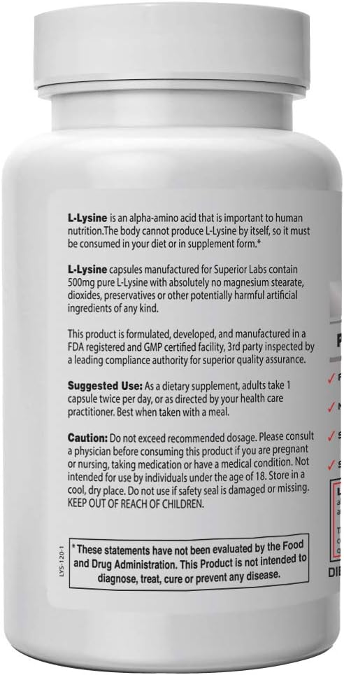 Superior Labs – Best L-Lysine NonGMO - Dietary Supplement –500 mg Pure Active L-Lysine – 120 Vegetable Capsules – Supports Calcium Absorption – Immune System & Respiratory Health Support: Health & Personal Care