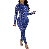 sedmoda Women's Sexy Bodycon Jumpsuits Long Sleeve Sheer Mesh Patchwork Side Zipper Party Club Rompers