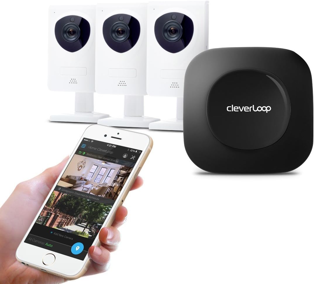 CleverLoop smart Wi-Fi security camera system with Base, 3 indoor Wi-Fi security camera, night vision, security app, no monthly fees