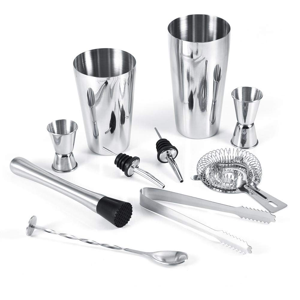 Dingln Cocktail Pourers-10Pcs Stainless Steel Cocktail Shaker Set Ice Tong Mixing Spoon Pourers Bar Tools