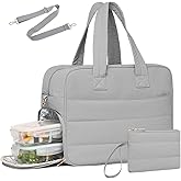 Lunch Tote Bag for Women Work, 17.3 Inch Laptop Purse with Insulated Lunch Compartment Coin Wallet for Meal, Large Puffy Quilted Travel Duffle Bag