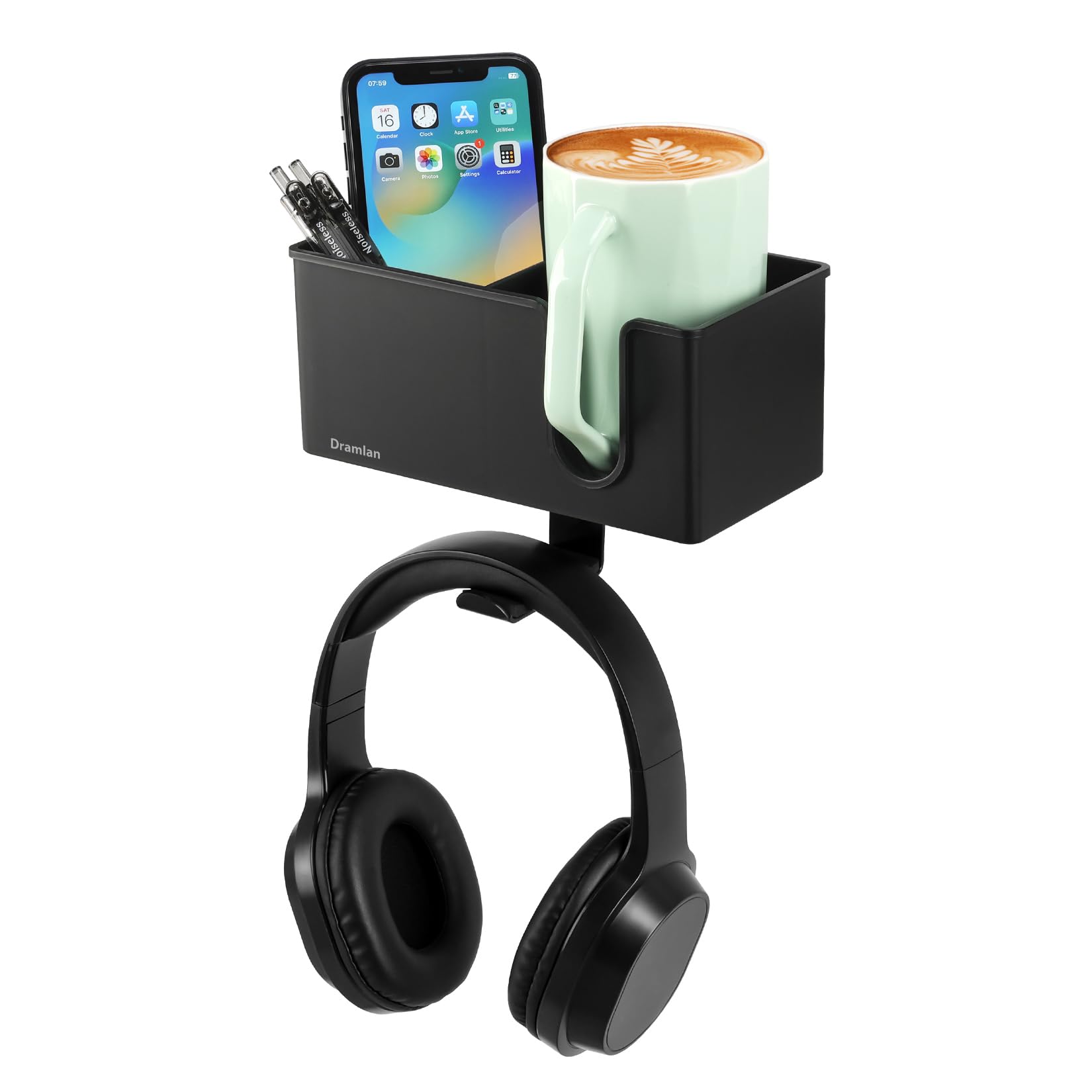DramLan Desk Organizer with Headphone Hanger Desk Cup Holder for Desk Storage Beverages Phone Holder Clip on Desk Cup Holder Rotating Headphone Hanger and Detachable Desk Storage (Black)