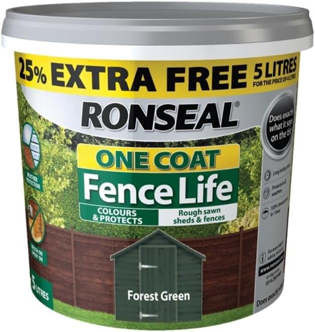 Ronseal One Coat Fence Life Forest Green 4 Litre New 25% Extra - Garden Wood