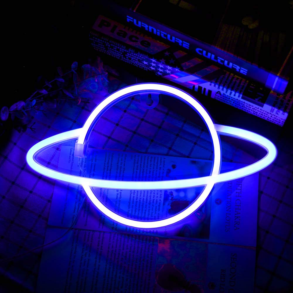 YUNYODA Planet Neon Light,Blue Pink Planet Neon Signs Light up Art Wall Decor Light-Waterproof LED Night Light -Battery or USB Operated Planet Lamp for Christmas Birthday Party Kids Room (Blue)