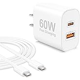 60W Fast Charger for iPhone 17, 60Watt Dual Port USB C Wall Charger Block Fast Charging for iPhone 17/17 Pro Max/Air/16/15 Pr