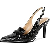 SAMMITOP Womens Slingback High Heel Pumps 3.5" Stiletto Pointed Toe Beaded Pumps Slip On Loafers Heels Elegant Dress Shoes