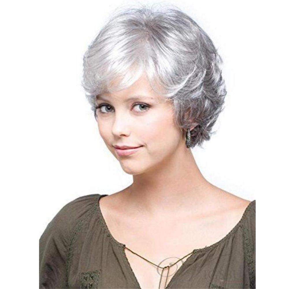 Mywigs 2019 Lady New Short Gray White Curly Hair Wig Curly Wavy