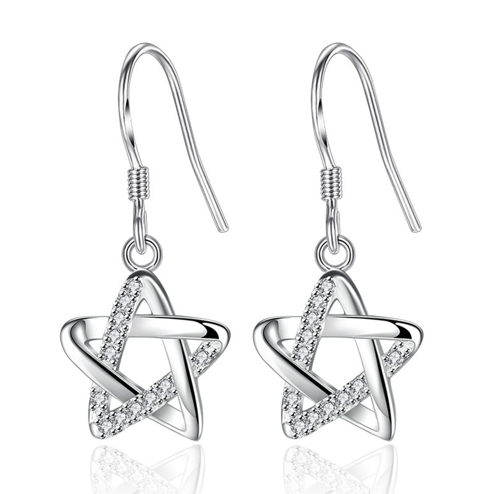 Star Drop Earrings for Girl, Silver Dangle Earrings with Cubic Zirconia Shiny Star for Women│Dainty Hypoallergenic Earring for Sensitive Ears│Birthday Christmas Jewellery Gifts