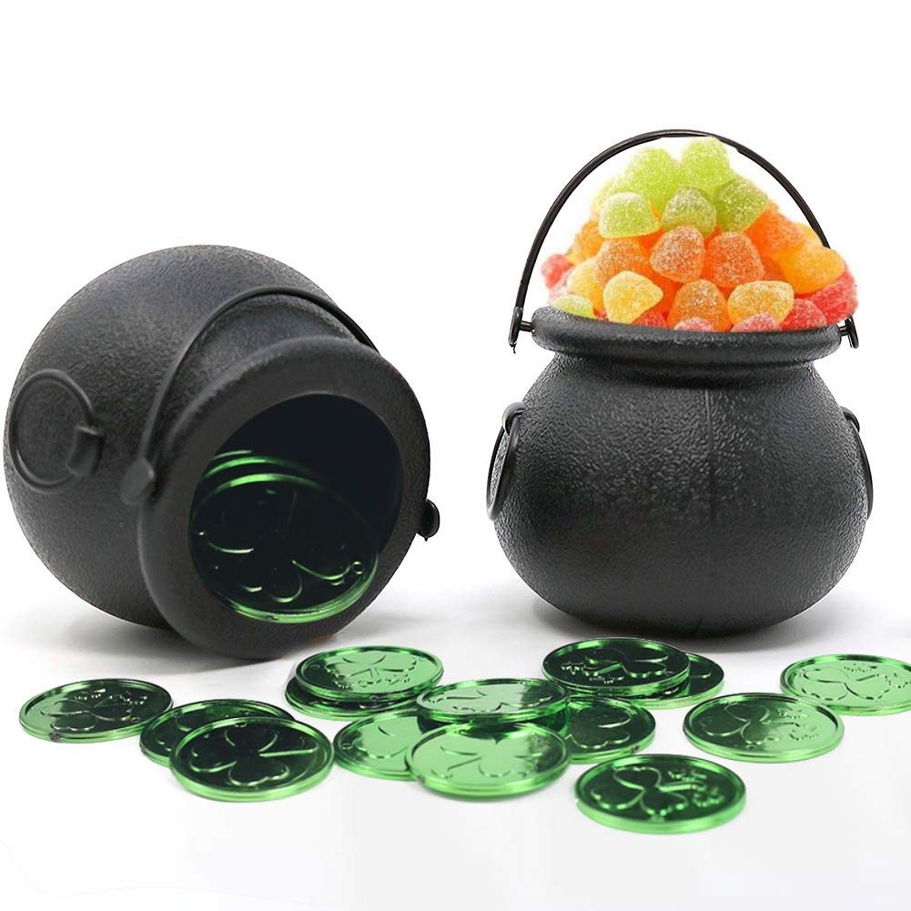 FuturePlusX Mini Black Candy Cauldron Kettles, 2PCS Plastic Candy Kettles Party Decoration Supplies for St. Patricks Day with 50 Plastic Gold Clover Coins