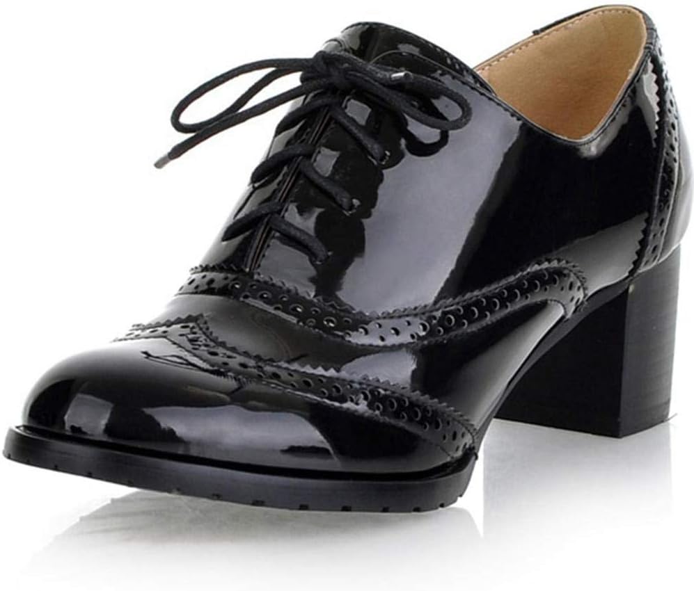 Women's Vintage Oxford Heels, Wingtip Lace-up Chunky Mid Heel Leather Ankle Booties Brogue Shoes Black