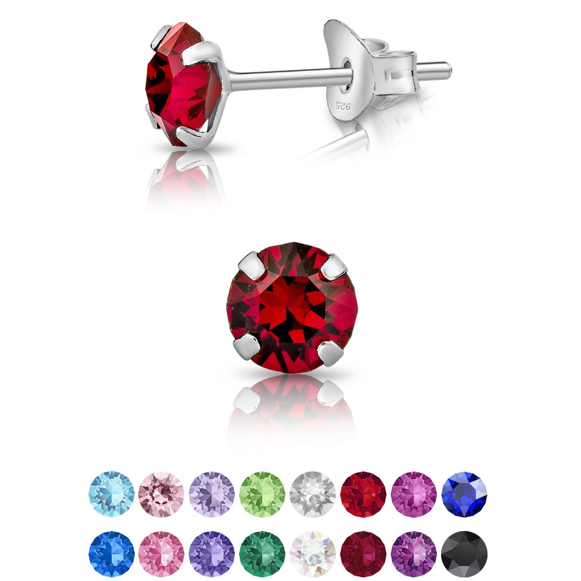 925 Sterling Silver Round SMALL Stud Earrings made with Glittering Crystals - Silver Studs Earrings for Woman - Diameter: 5 mm - Colour : Ruby