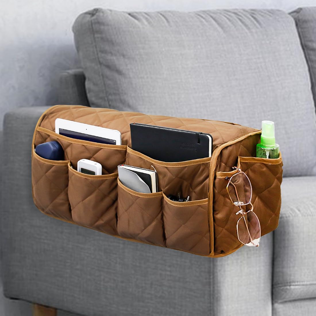 Photo 1 of DECKALY Sofa Armrest Organizer Non-Slip Arm Chair Bedside Caddy Storage Organizer for Recliner Couch with 14 Pockets for Cell Phone TV Remote Control Magazines (Brown)