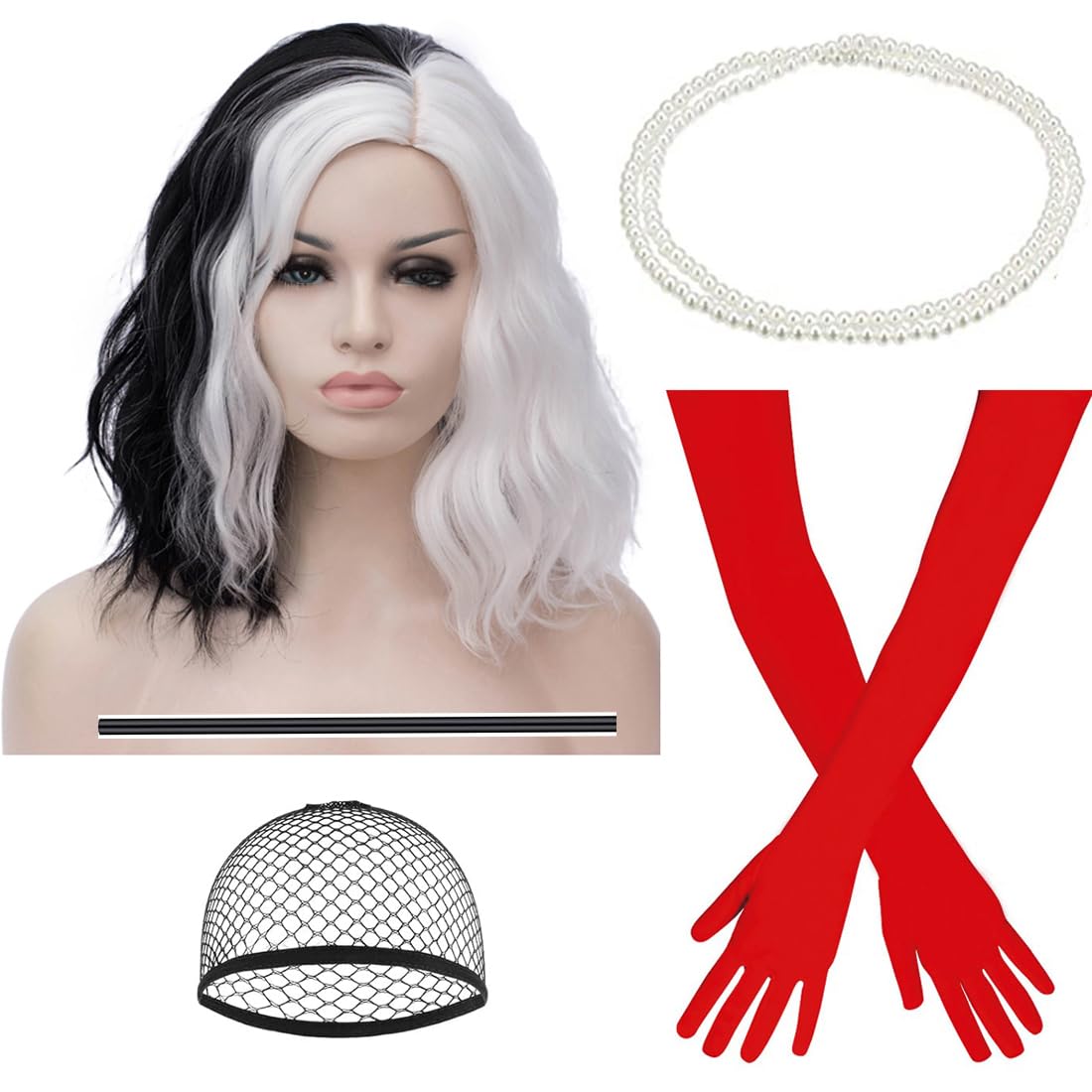 TANTAKO Black and White Cosplay, Half Black and Half White Wig with 1920s Red Gloves and Holder/Pearl Necklace(A)