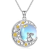 AHTAMOS Moonstone Necklace Genuine Rainbow Moonstone Pendant 925 Sterling Silver Dainty Animal Theme Bunny/Black Cat Necklace Birthday Anniversary Christmas Jewelry Gifts for Women