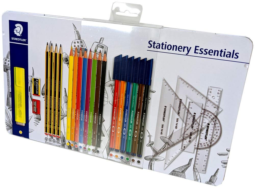 Staedtler Stationery Essentials Tin, 26 Piece Set Pencils, Pens, Rulers, Highlighters, Rubber & Sharpener