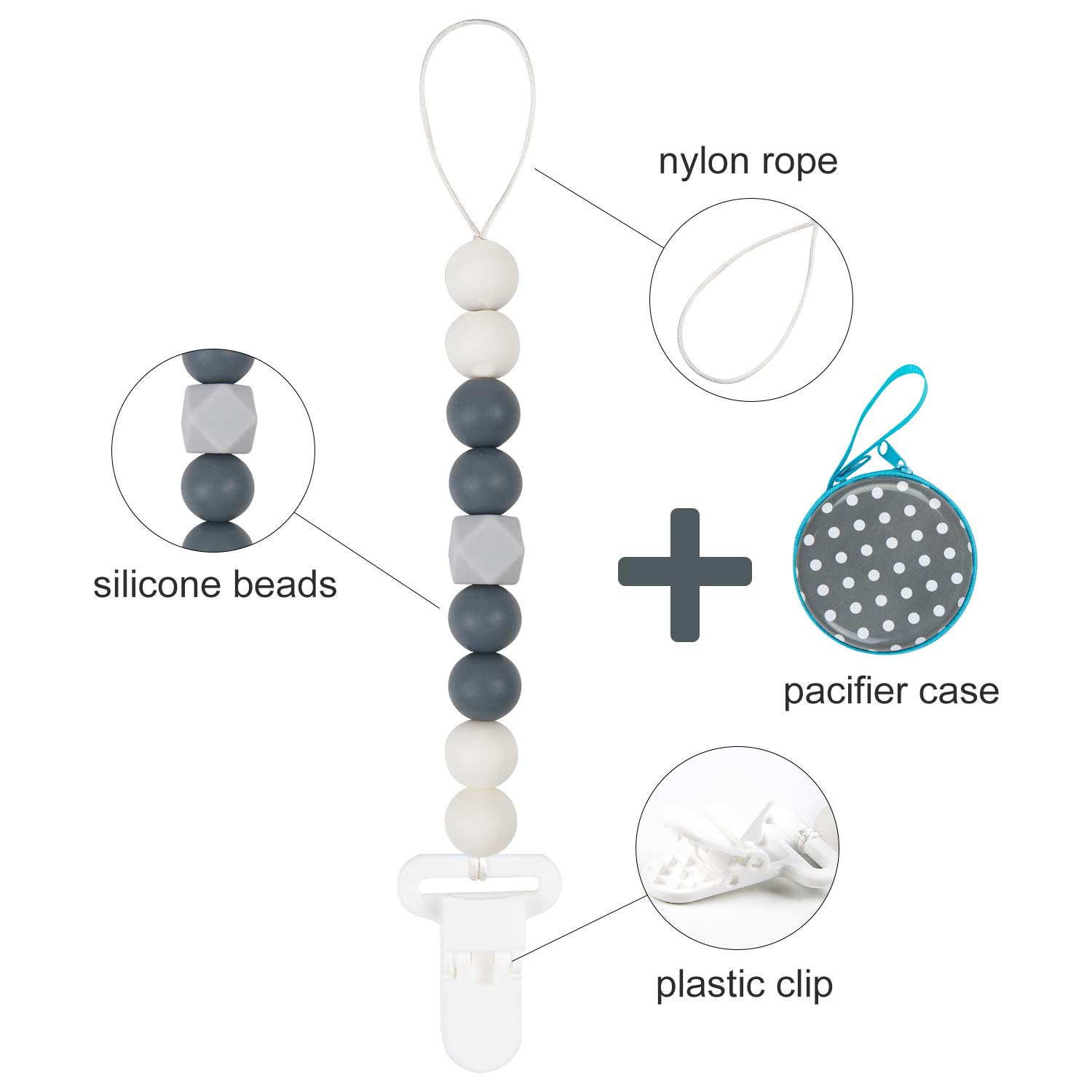 Babygoal Silicone Pacifier Clip, 2 Pack Pacifier Holders, Teething Beads with Pacifier Case for Boys and Girls Fits Most Pacifier Styles, Teething Toys 2GJL03-HZ : Baby