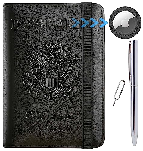 Airtag Passport Holder Cover Wallet Travel Essentials RFID Blocking Leather Card Case International Must Haves Travel Accessories for Women Men(119#Black)