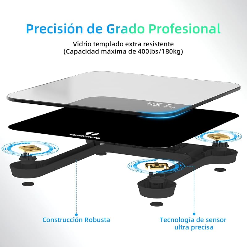 Balança para casa de banho, Balança digital com visor LED, Balança de peso corporal de alta precisão, máximo 180 kg, Tecnologia Step-On, Preto