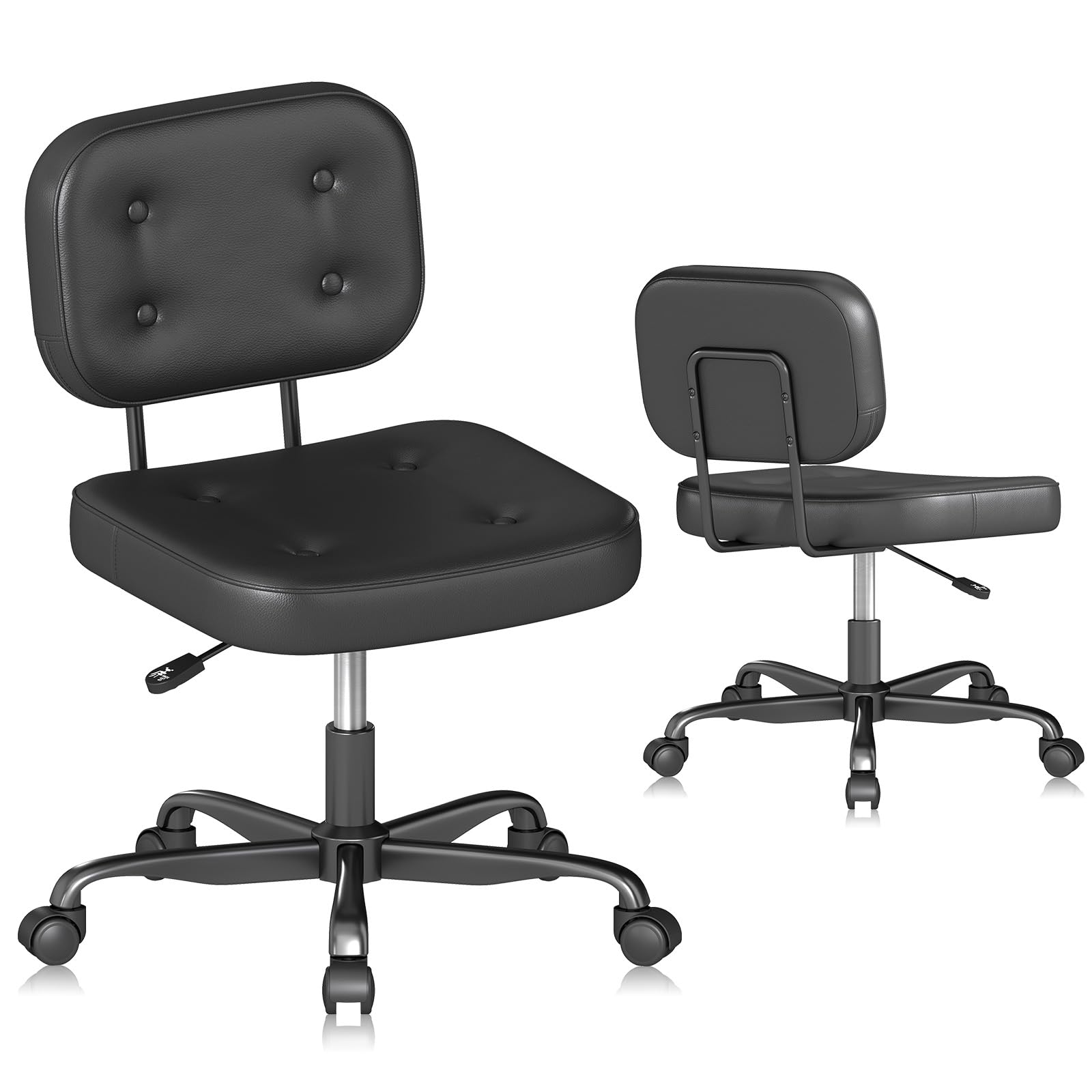AnyGod Schreibtischstuhl ohne Armlehne für Home Office, Kompakter Drehstuhl mit Rollen & Höhenverstellbar, Ergonomischer Computerstuhl für kleine Räume, Arbeitszimmer & Schminktisch, PU-Leder Schwarz