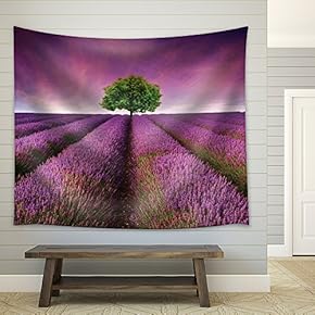 Lone Tree on a Purple Field Covered with Flowers - Fabric Tapestry, Home Decor - 51x60 inches