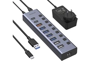 Powered USB Hub 3.0/3.1- Sokiwi USB Hub- Aluminum USB Port Hub Expender- USB C Hub Splitter with Individual On/Off Switches for Laptop/PC